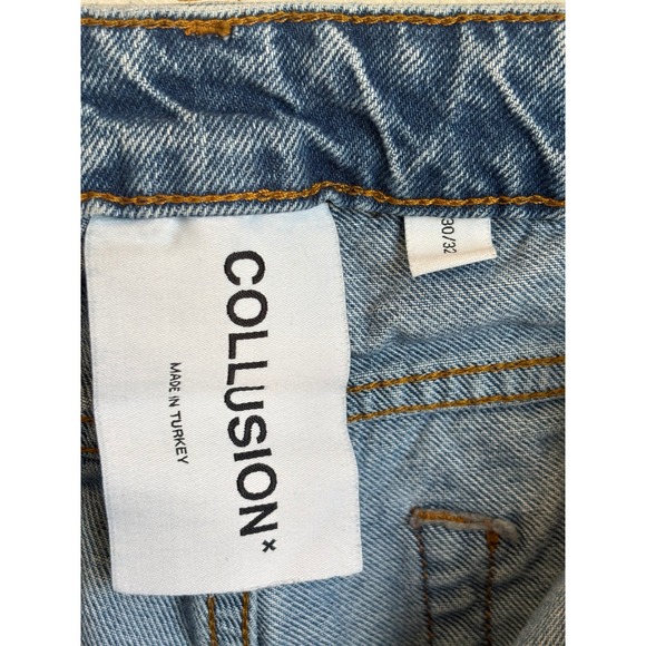 Collusion x007 Wide Leg Jeans Mid Wash Blue High Rise Raw Hem 30/32 (fits 28x29) - Picture 5 of 10